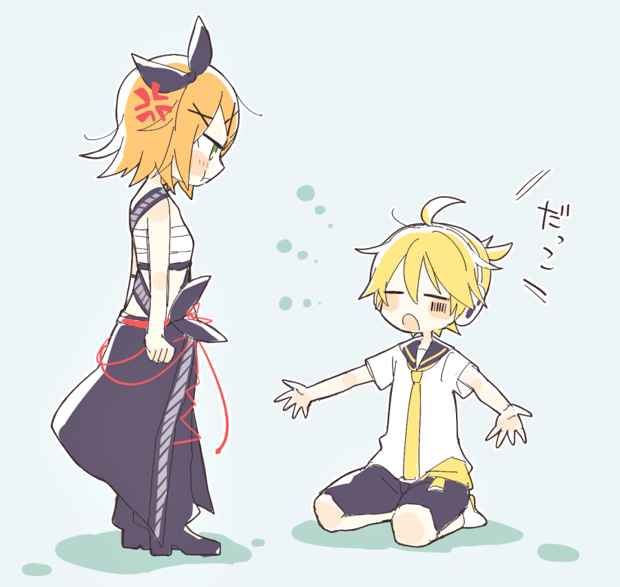1boy, 1girl, anger_vein, barcode, black_bow, black_collar, black_skirt, blonde_hair