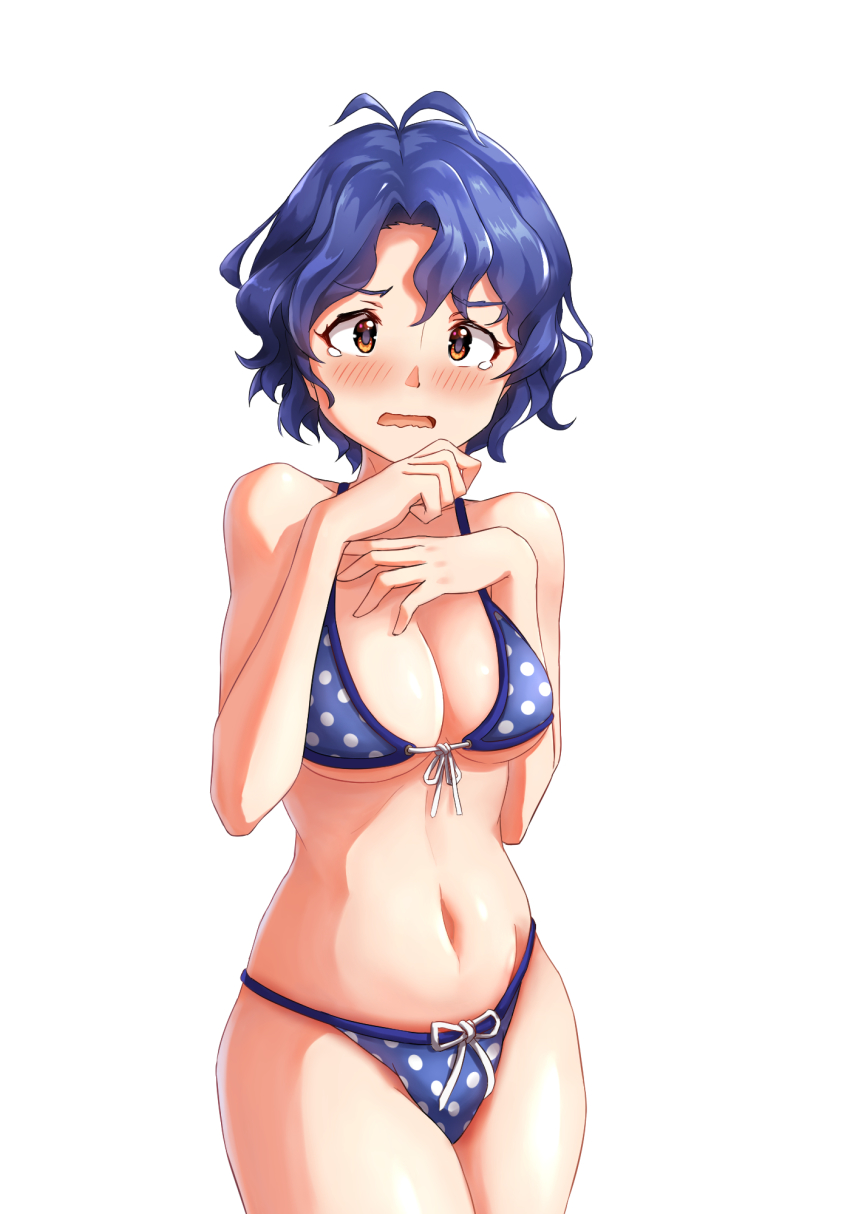 1girl, antenna_hair, bikini, blue_bikini, blue_hair, blush, bow, bow_bikini, breasts, brown_eyes, cleavage, cowboy_shot, embarrassed, female_focus, front-tie_top, ggxfan, highres, idolmaster, idolmaster_million_live!, looking_at_viewer, medium_breasts, polka_dot, polka_dot_bikini, short_hair, simple_background, solo, swimsuit, toyokawa_fuka, wavy_hair, wavy_mouth, white_background