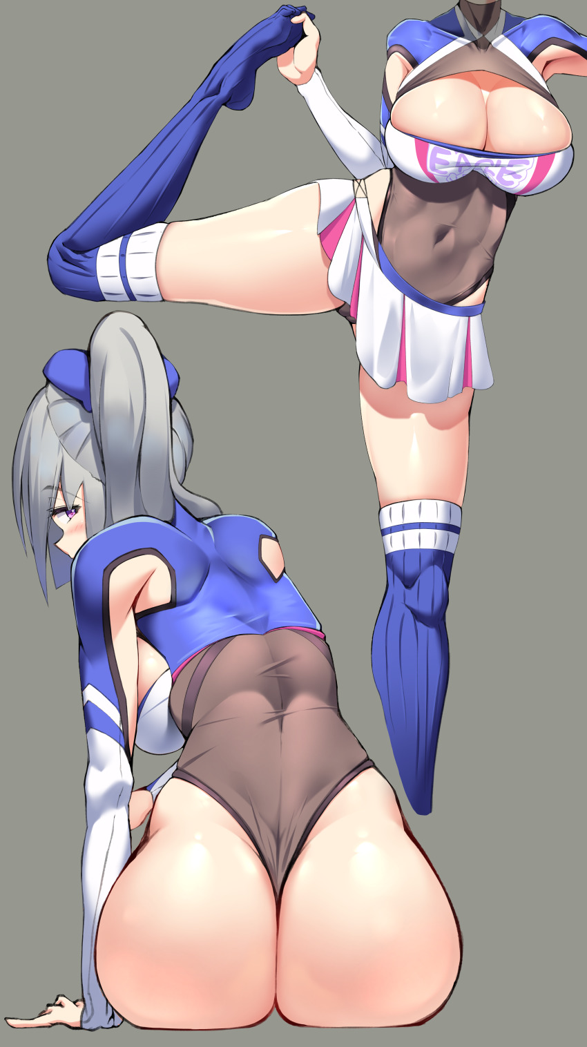 1girl, absurdres, armpit_cutout, ass, azur_lane, blush, breasts, casablanca_(azur_lane), casablanca_(cheer_squad_on_break)_(azur_lane), cheerleader, cleavage, cleavage_cutout, clothing_cutout, covered_navel, googoogaagaa, grey_background, grey_hair, grey_leotard, hair_ribbon, high_ponytail, highres, huge_filesize, large_breasts, leotard, leotard_under_clothes, long_hair, looking_at_viewer, multiple_views, ponytail, purple_eyes, ribbed_legwear, ribbon, simple_background, thong_leotard, two-tone_skirt