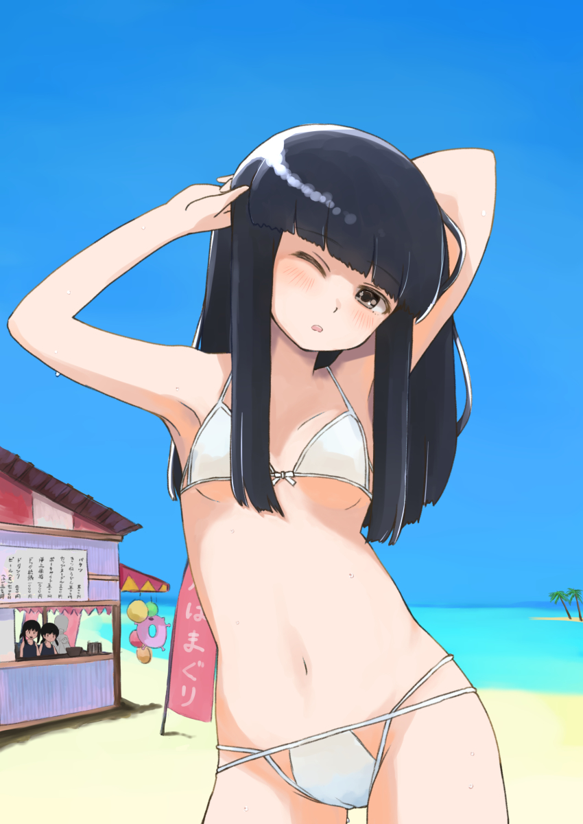 3girls, absurdres, armpits, beach, bikini, black_hair, blue_sky, blunt_bangs