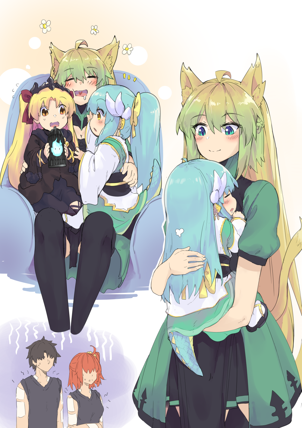 1boy, 4girls, aged_down, ahoge, animal_ears, atalanta_(fate), blonde_hair, blush