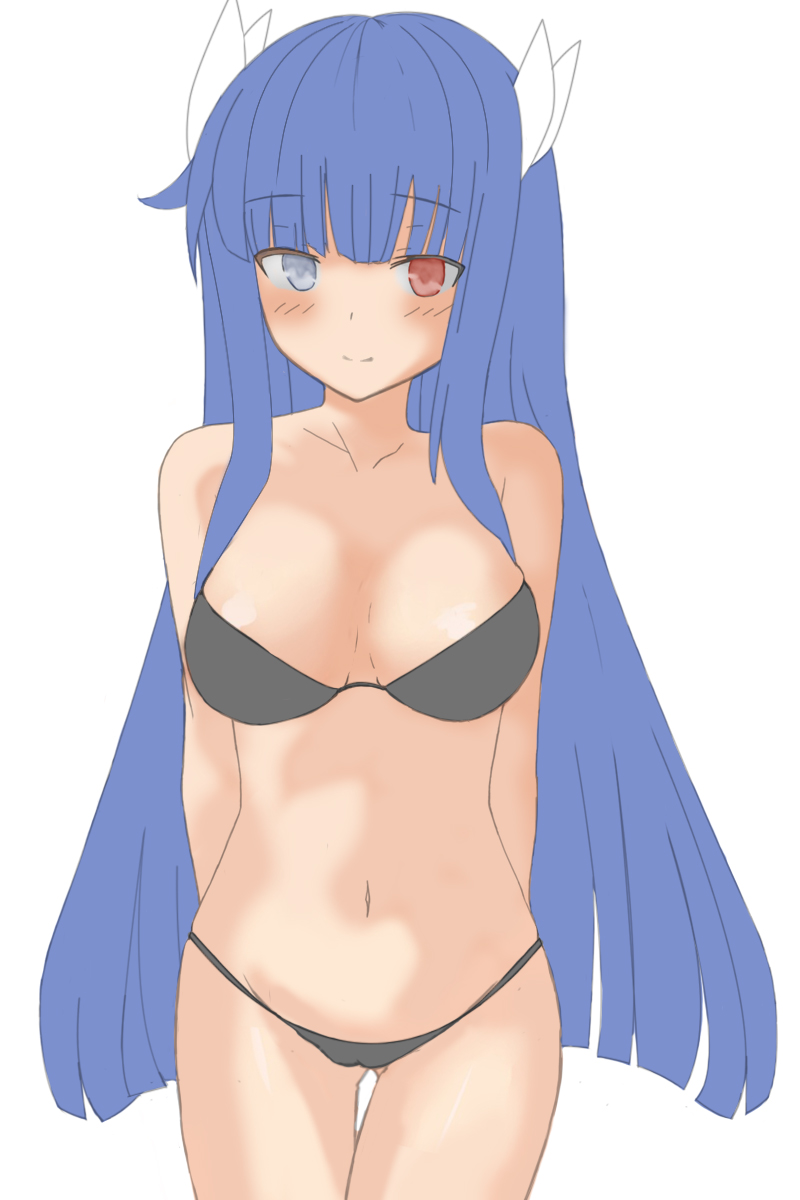 1girl, arms_behind_back, azur_lane, black_bra, black_panties, blue_eyes, blue_hair, blush