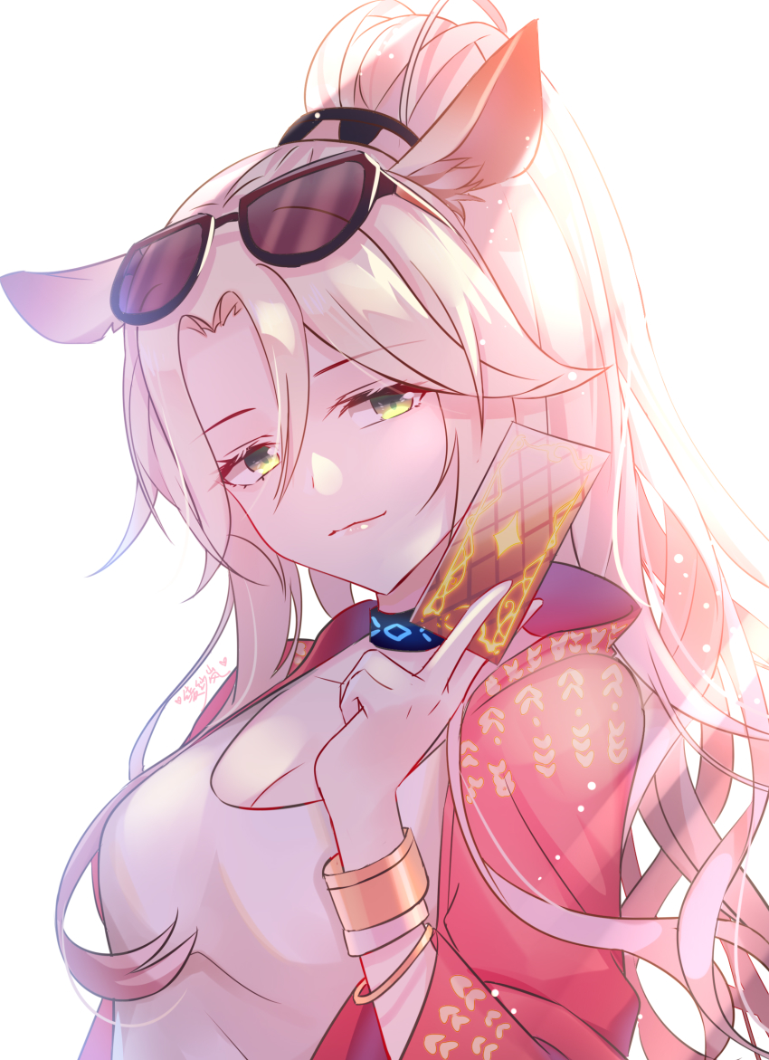 1girl, absurdres, animal_ears, arknights, black_choker, bracelet, breasts, card