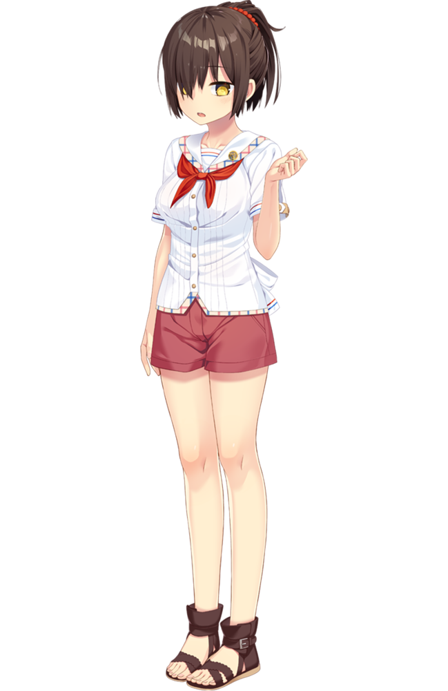 1girl, artist_request, bare_legs, brown_hair, brown_sandals, buttons, female_focus, kisaragi_chiyuki