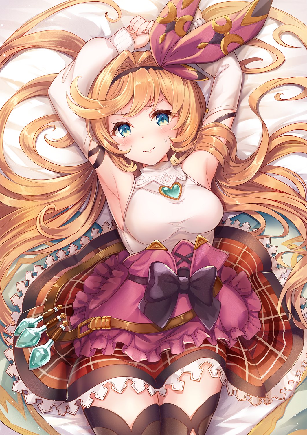 1girl, armpits, bare_shoulders, bed_sheet, black_bow, blonde_hair, bow, breasts
