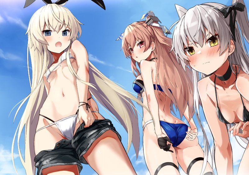 3girls, amatsukaze_(kancolle), ass, bikini, black_bikini, black_legwear, black_ribbon, blonde_hair, blue_bikini, blush, breasts, brown_eyes, clothes_pull, gloves, grey_hair, hair_ornament, hair_ribbon, johnston_(kancolle), johnston_kai_(swimsuit)_(kancolle), kantai_collection, light_brown_hair, long_hair, looking_back, medium_breasts, multiple_girls, one-piece_swimsuit_pull, pants, pants_pull, ribbon, shimakaze_(kancolle), shorts, single_glove, small_breasts, string_bikini, swimsuit, takanashi_kei_(hitsujikan), two_side_up, unworn_shorts, white_bikini, yellow_eyes