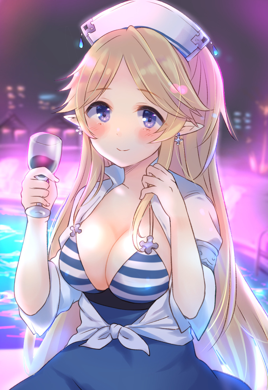 1girl, bikini, bikini_top_only, blonde_hair, blue_eyes, blue_skirt, blurry, blurry_background