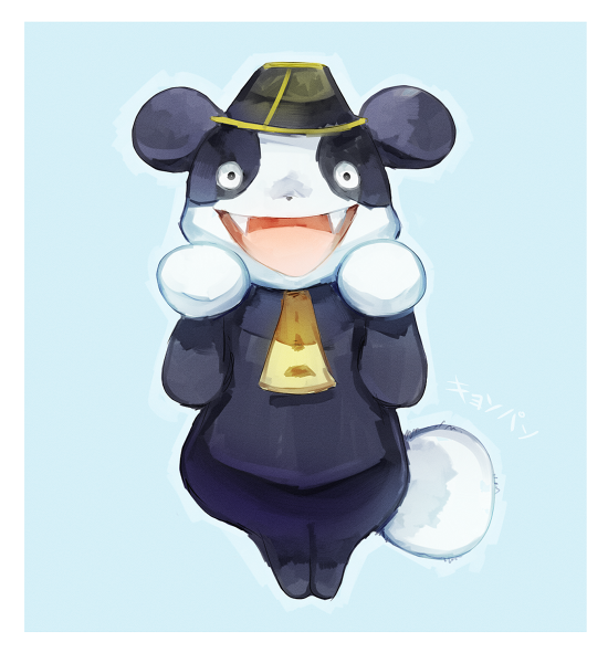 :d, beta_pokemon, blue_background, commentary, creature, english_commentary, full_body, hat