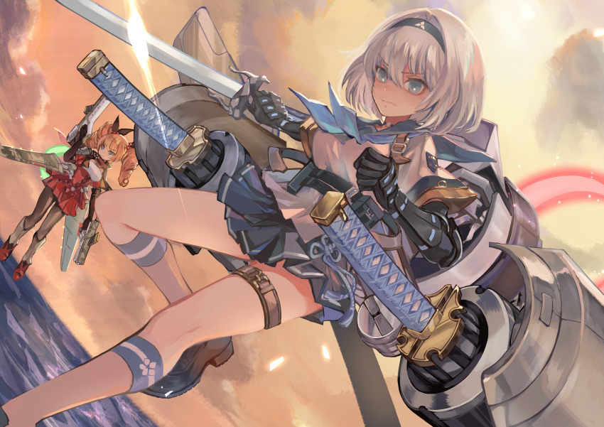 2girls, a6m_zero_(ash_arms), absurdres, aqua_eyes, ash_arms, black_gloves, black_hairband, black_ribbon, black_skirt, blonde_hair, blue_eyes, blue_neckerchief, blue_ribbon, boots, breasts, brown_legwear, character_request, cloud, cloudy_sky, commentary_request, drill_hair, expressionless, feet_out_of_frame, floating, gauntlets, gloves, grey_hair, gun, hair_bobbles, hair_intakes, hair_ornament, hair_ribbon, hairband, highres, huge_filesize, hurricane_mk1_(ash_arms), katana, kneehighs, long_hair, looking_at_viewer, mimimikan, multiple_girls, neckerchief, pantyhose, pleated_skirt, red_footwear, red_skirt, ribbon, sailor_collar, shirt, shoes, short_hair, skirt, sky, socks, sword, thigh_strap, twin_drills, water, weapon, white_legwear, white_shirt
