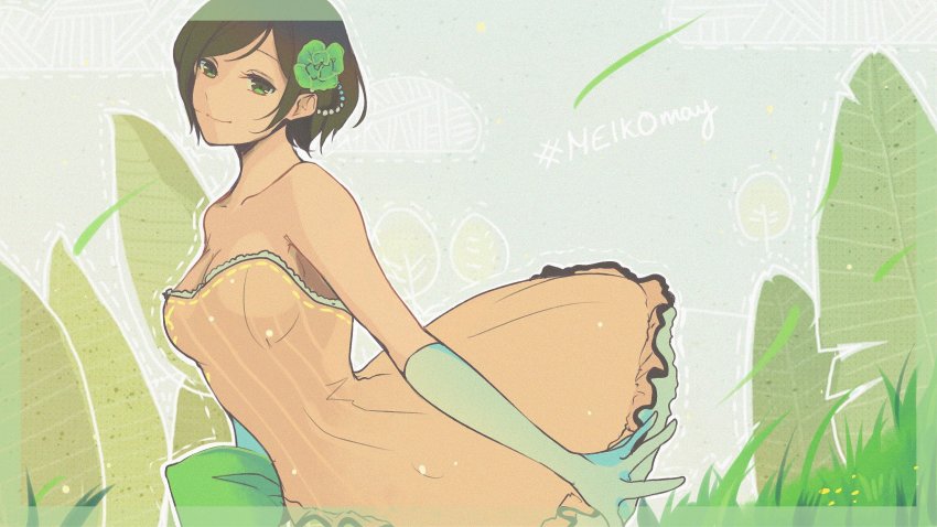 1girl, bare_shoulders, brown_hair, colored_skin, commentary, dress, elbow_gloves, female_focus