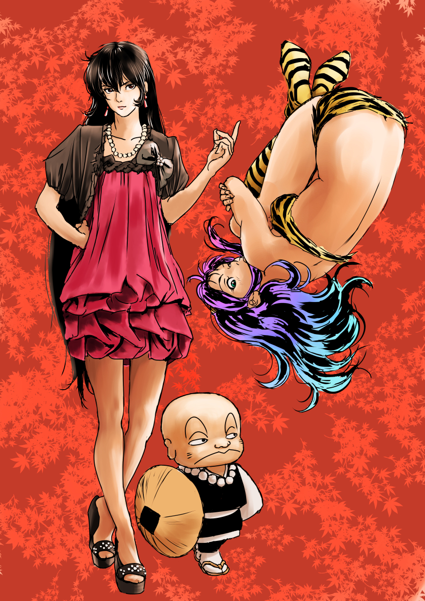 1boy, 2girls, alien, animal_print, ass, back, black_hair, blue_hair, butt_crack, fetal_position, floating, gradient_hair, highres, long_hair, lum, multicolored_hair, multiple_girls, old, old_man, platform_footwear, platform_heels, pointing, pointing_up, priest, purple_hair, red_skirt, sakura_(urusei_yatsura), sakurambou, skirt, teikoku_jokyoku, tiger_print, urusei_yatsura