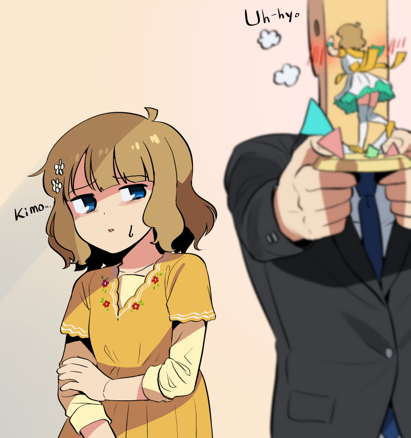 1boy, 1girl, blue_eyes, blush, brown_hair, commentary, figure, flower