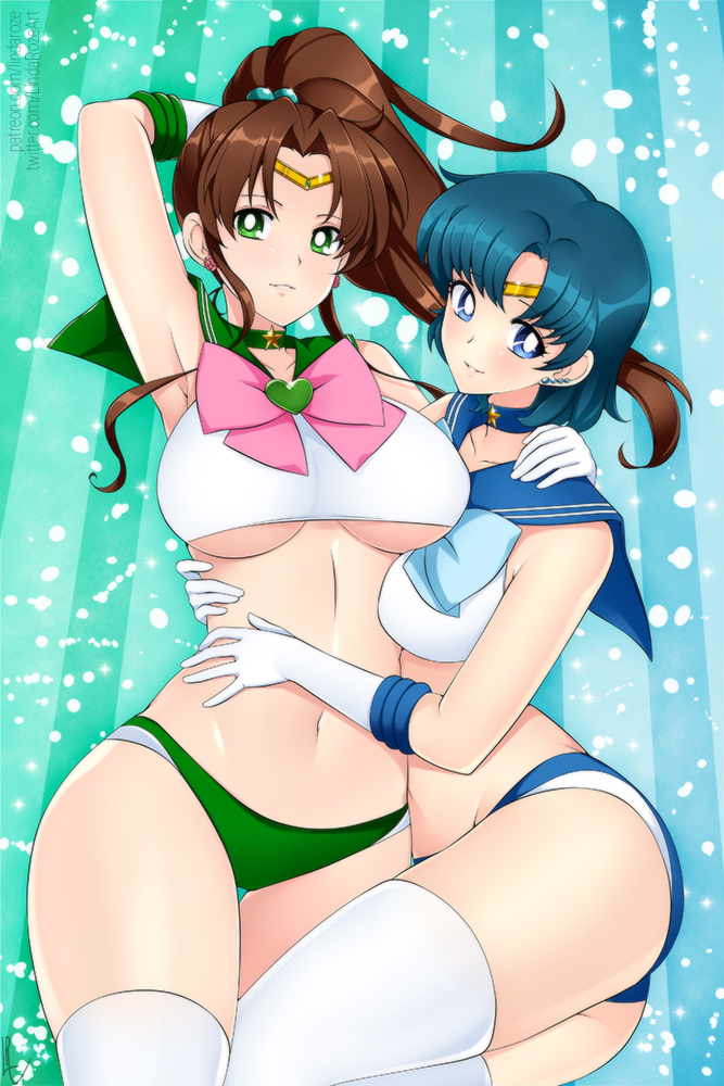 2girls, alternate_costume, armpits, bikini, bikini_bottom_only, bishoujo_senshi_sailor_moon, blue_background, blue_bow, blue_choker, blue_hair, bow, breasts, bright_pupils, brooch, brown_hair, choker, feet_out_of_frame, female_focus, gloves, green_background, green_choker, green_eyes, heart, heart_brooch, jewelry, kino_makoto, large_breasts, lindaroze, long_hair, matching_hair/eyes, midriff, mizuno_ami, multiple_girls, navel, parted_lips, pink_bow, sailor_collar, sailor_jupiter, sailor_mercury, sailor_senshi, short_hair, smile, striped_background, swimsuit, thighhighs, tiara, underboob, white_gloves, white_thighhighs, yuri