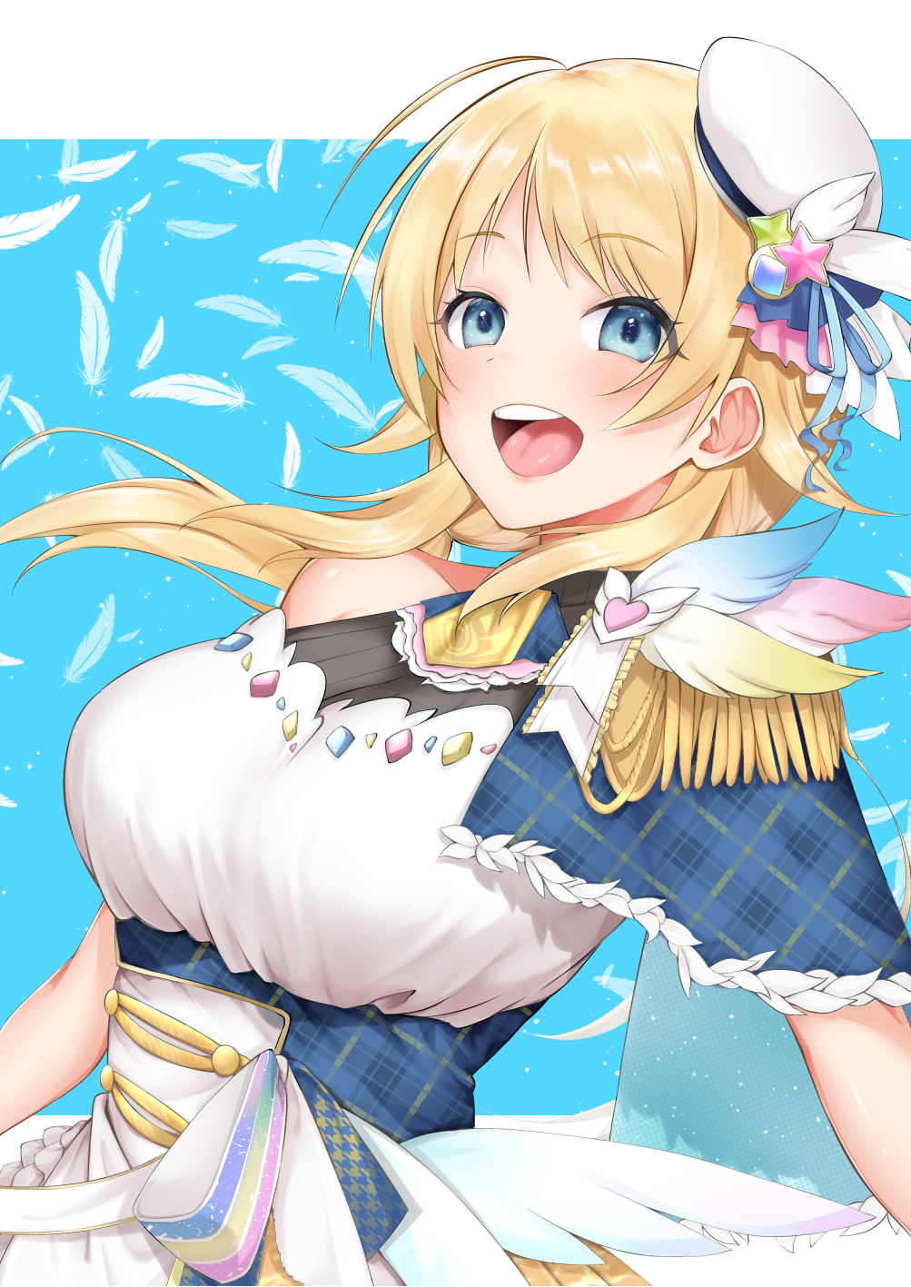 1girl, bare_shoulders, blonde_hair, blue_background, blue_eyes, blush, breasts, feathers