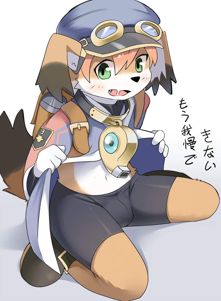 1boy, :d, animal_ears, backpack, bag, bike_shorts, blush, body_fur, brown_fur, bulge, character_request, dog, dog_boy, dog_ears, dog_tail, faeki, furry, furry_male, goggles, goggles_on_headwear, gradient_background, green_eyes, highres, little_tail_bronx, male_focus, mamoru-kun, navel, open_mouth, orange_hair, saliva, short_hair, simple_background, smile, solo, tail, translation_request, two-tone_fur, whistle, white_fur