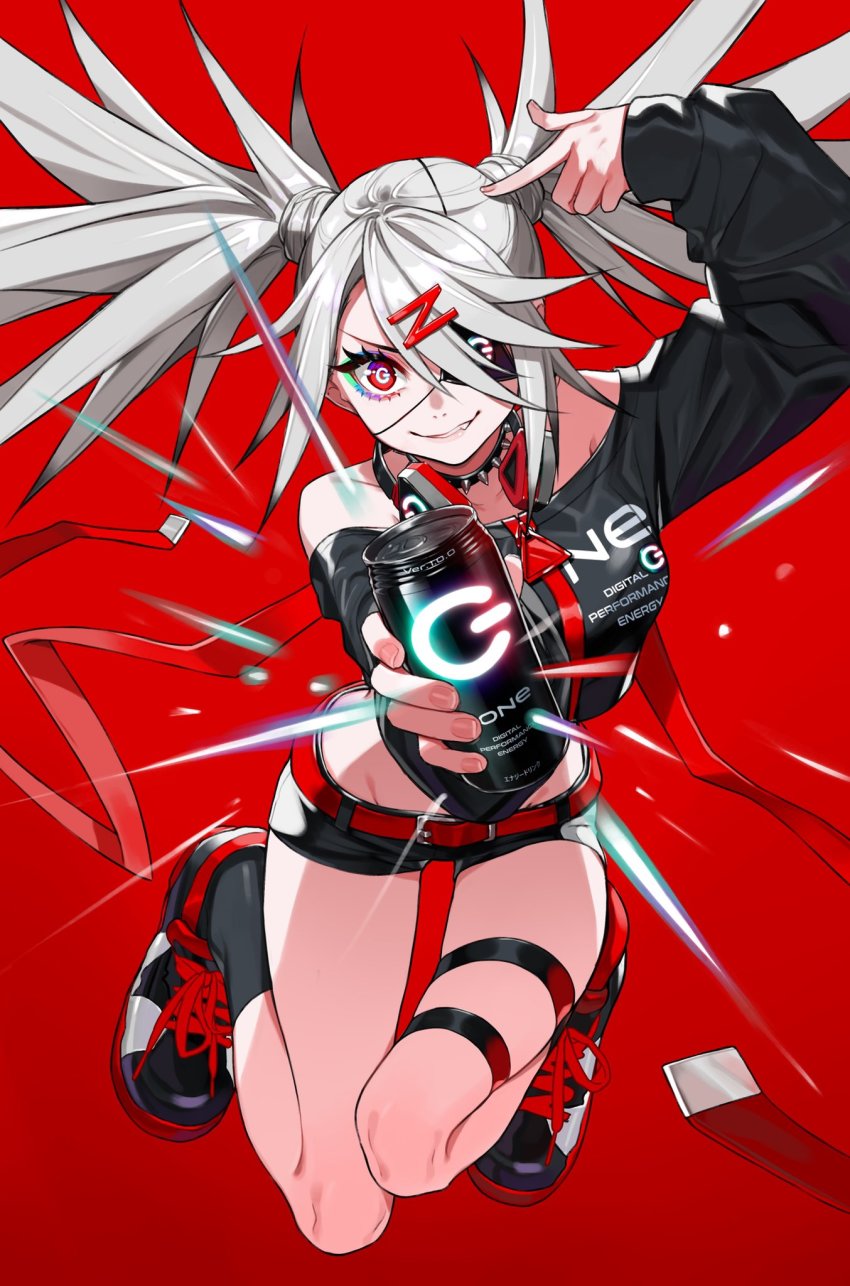 1girl, arm_up, bare_shoulders, belt, belt_buckle, black_collar, black_shirt, black_shoes