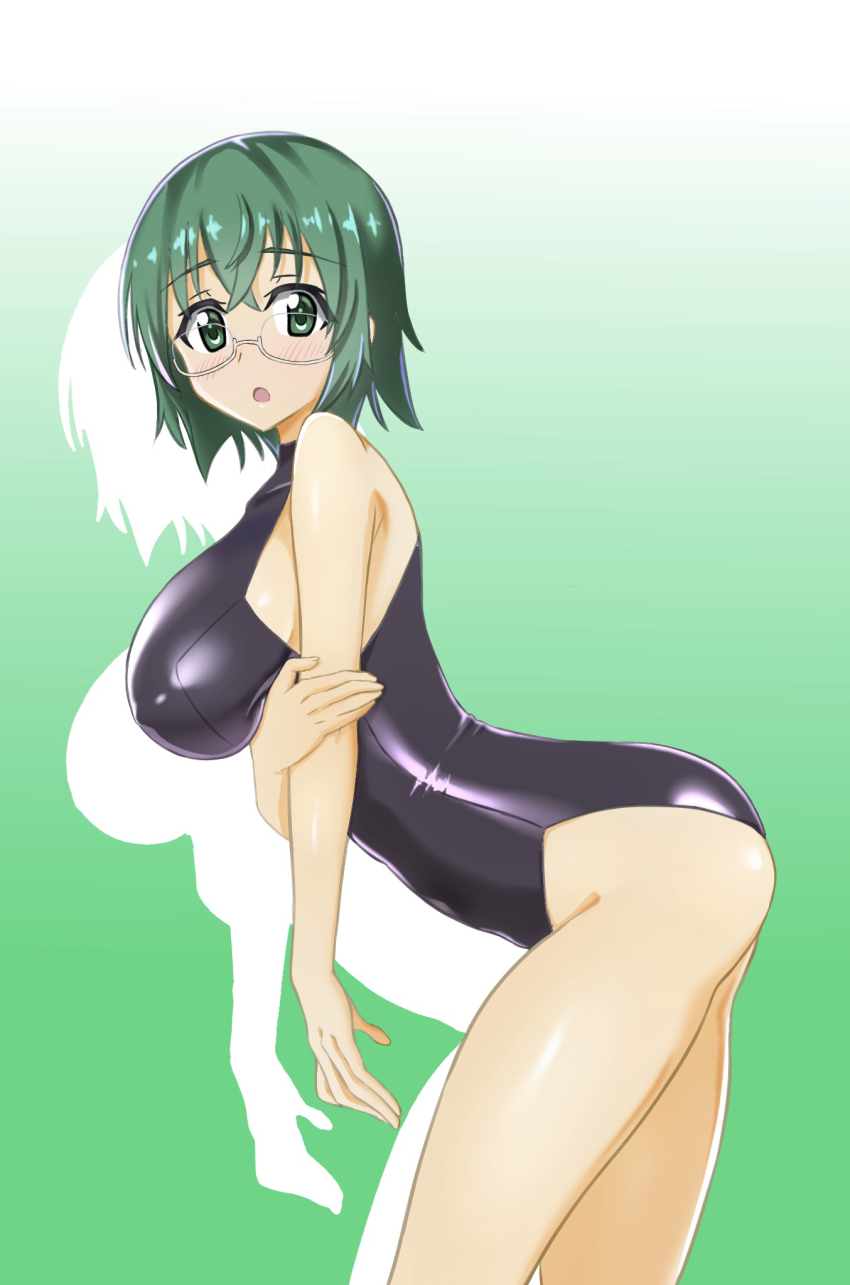 1girl, ass, bare_legs, bare_shoulders, bent_over, black_leotard, blush, breasts