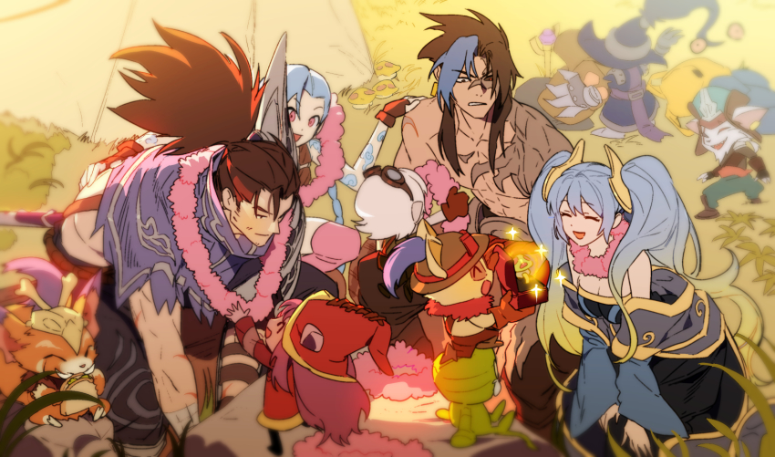 amumu, blue_hair, food, gnar_(league_of_legends), highres, jinx_(league_of_legends), kayn_(league_of_legends), kled, league_of_legends, lulu_(league_of_legends), multiple_boys, multiple_girls, pink_eyes, sandwich, sona_(league_of_legends), teemo, tristana_(league_of_legends), twintails, veigar, yasuo, yordle, zaket07