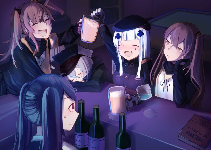 404_(girls'_frontline), 5girls, alcohol, bad_id, bad_twitter_id, bar_(place), bartender, beer