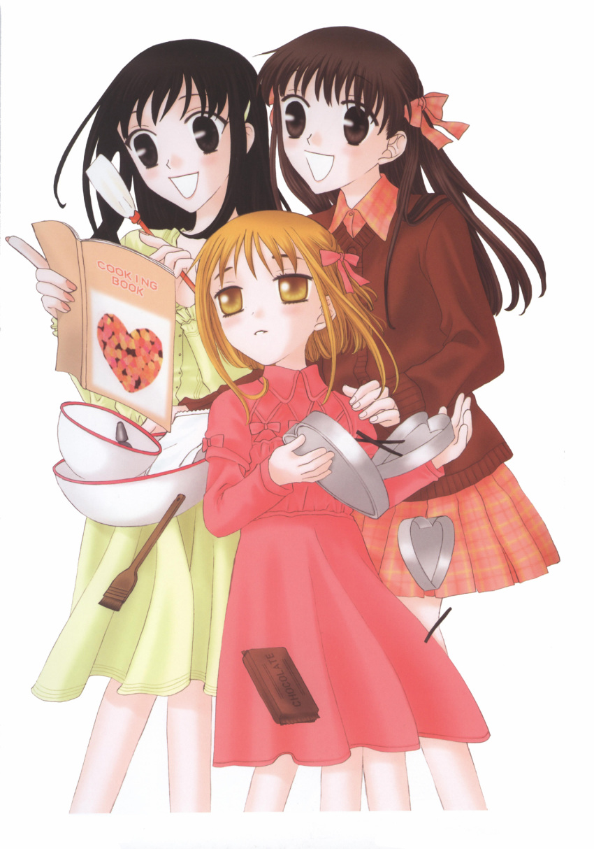 3girls, absurdres, black_eyes, black_hair, book, bowl, brown_hair, chocolate