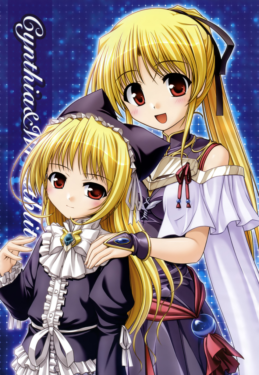 2girls, absurdres, bare_shoulders, bekkankou, blonde_hair, breasts, bridal_gauntlets, capelet
