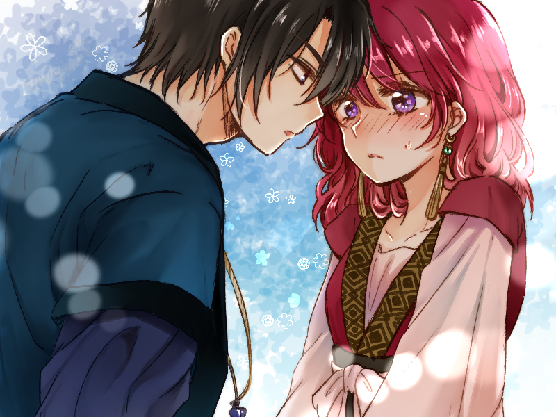 1boy, 1girl, akatsuki_no_yona, aminyao, black_hair, blush, closed_mouth, collarbone
