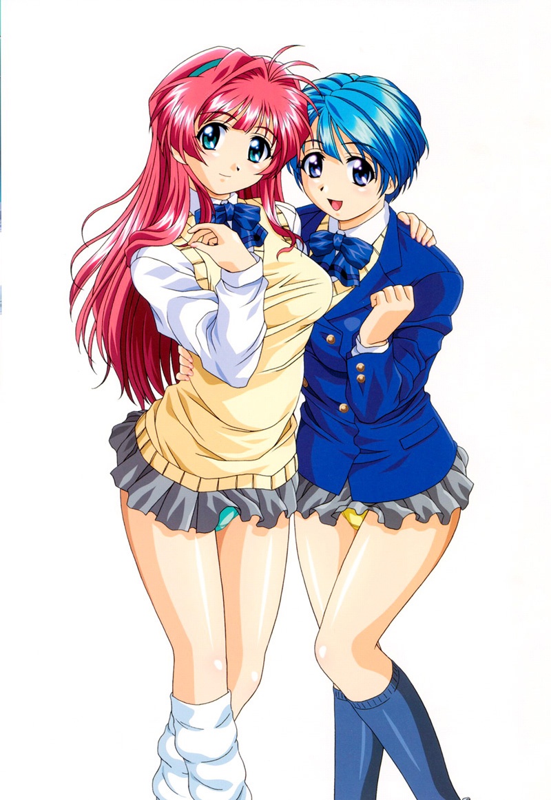 2girls, aqua_eyes, aqua_panties, blazer, blue_eyes, blue_hair, bow, green_(game)