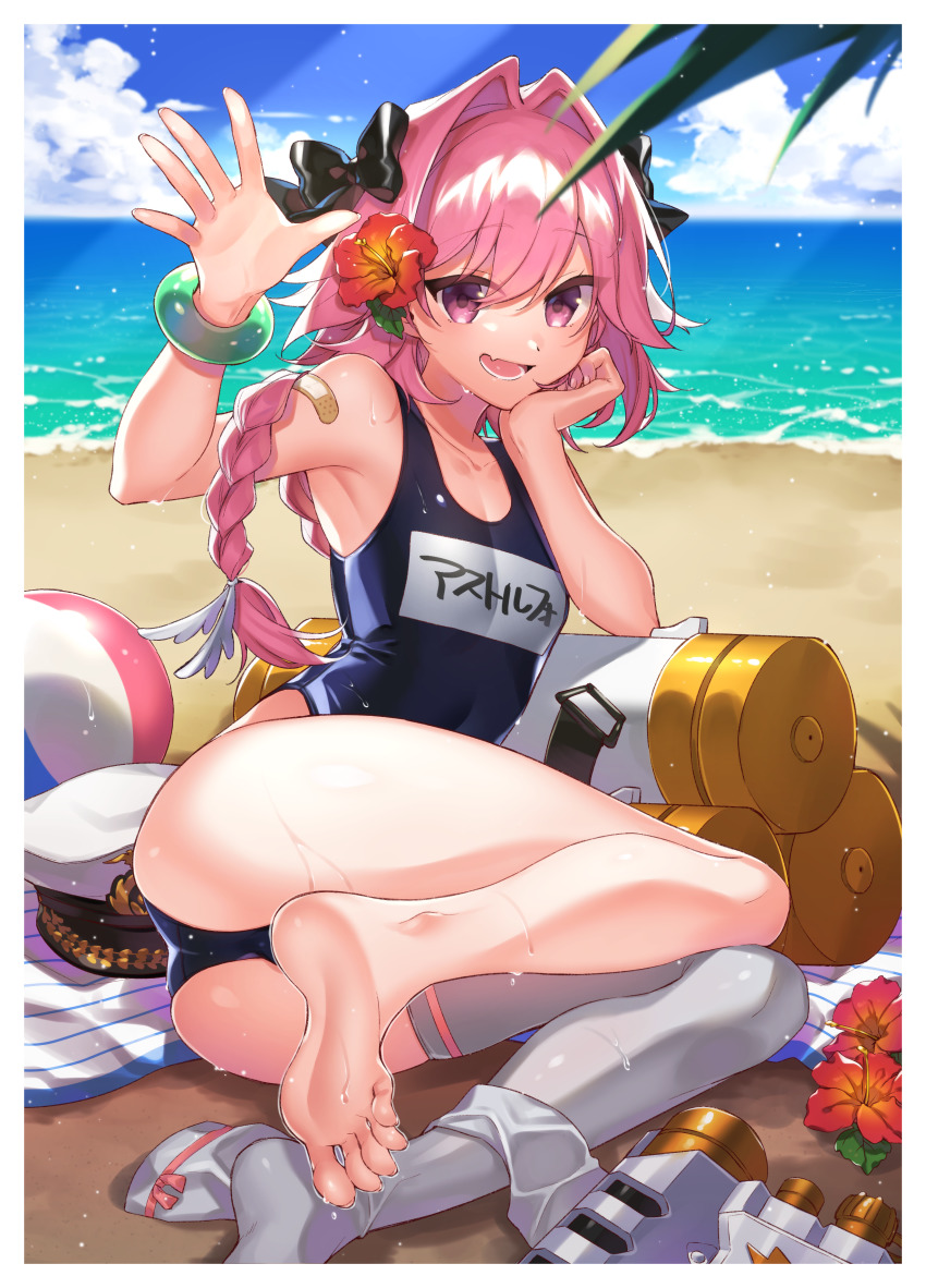 1boy, absurdres, ass, astolfo_(fate), astolfo_(otokonoko_idol)_(fate), bandaid, bare_shoulders, barefoot, beach, black_bow, blue_one-piece_swimsuit, blush, bow, bracelet, braid, collarbone, crossdressing, crossdressing_(mtf), day, fang, fate/apocrypha, fate_(series), feet, flower, hair_flower, hair_intakes, hair_ornament, highres, jewelry, kan'yu_(citron_82), legs, long_braid, long_hair, looking_at_viewer, male_focus, multicolored_hair, name_tag, ocean, official_alternate_costume, one-piece_swimsuit, open_mouth, pink_hair, purple_eyes, single_braid, single_thighhigh, skin_fang, smile, soles, solo, streaked_hair, swimsuit, thighhighs, toes, trap, waving, white_hair, white_thighhighs
