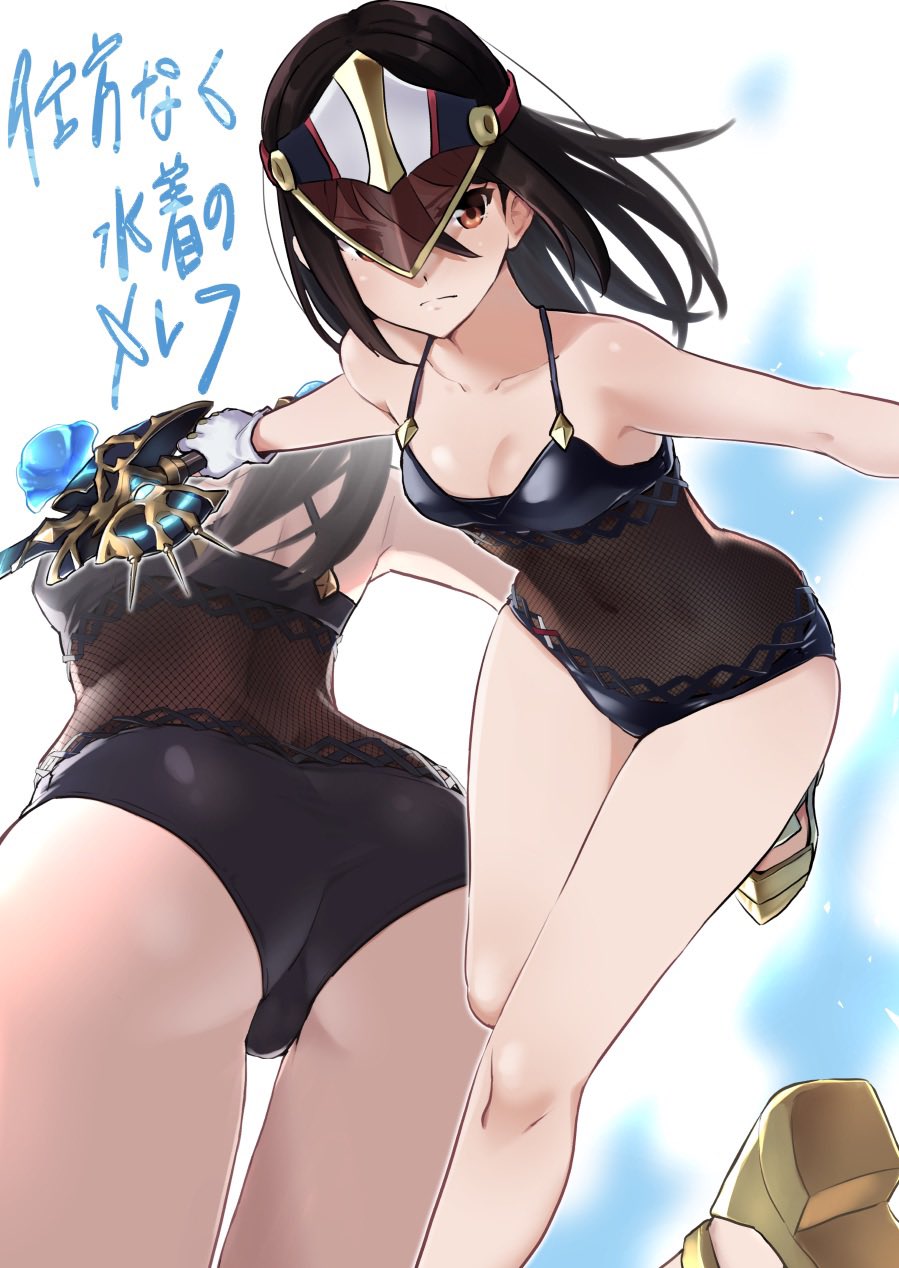 1girl, ass, bad_id, bad_twitter_id, bare_arms, bare_legs, black_hair, black_one-piece_swimsuit