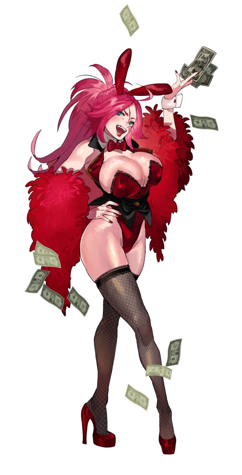 1girl, animal_ears, bare_shoulders, blue_eyes, breasts, cleavage, commentary_request, fate/extra, fate_(series), female_focus, fishnet_thighhighs, fishnets, francis_drake_(fate), high_heels, highres, huge_breasts, jojo_sono, money, nail_polish, pink_hair, ponytail, rabbit_ears, scar, simple_background, smile, solo, thighhighs, thighs, white_background