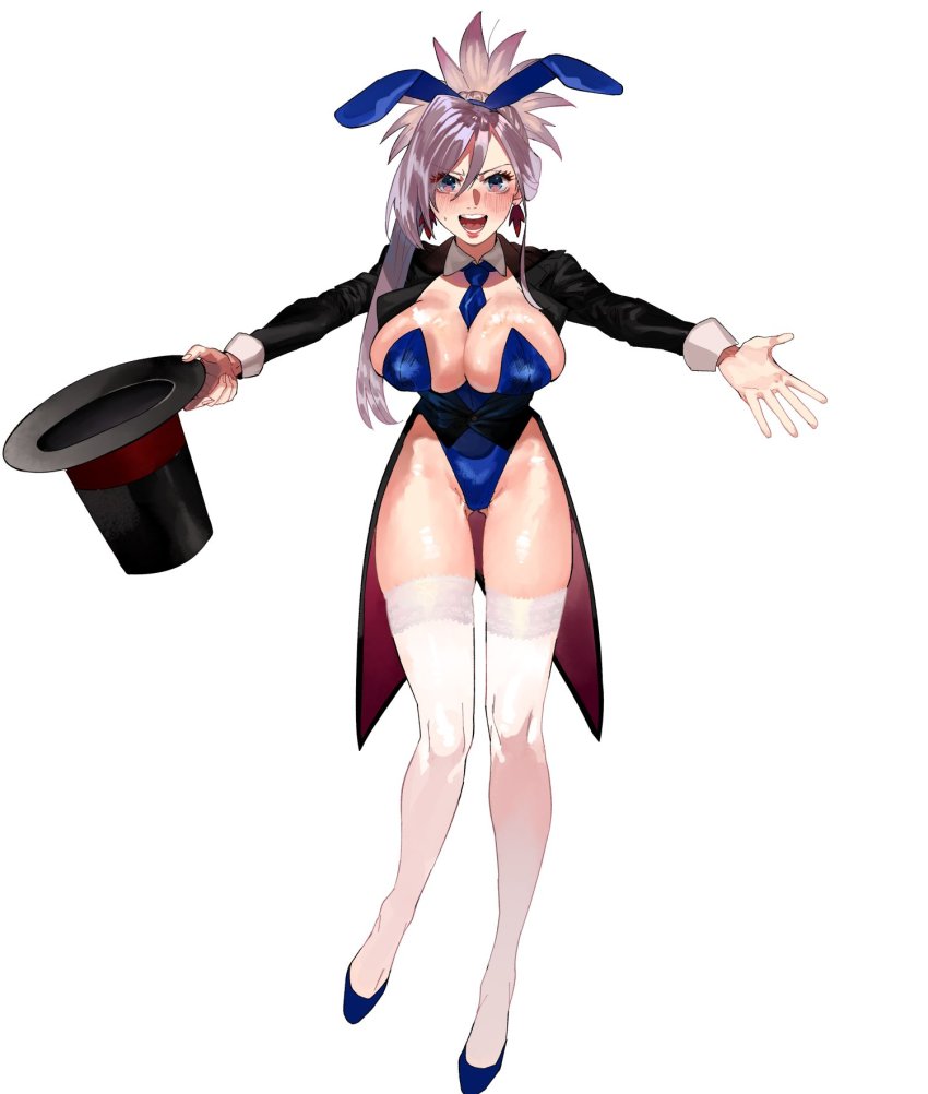 1girl, animal_ears, blue_eyes, blush, breasts, cleavage, commentary_request, fate/grand_order