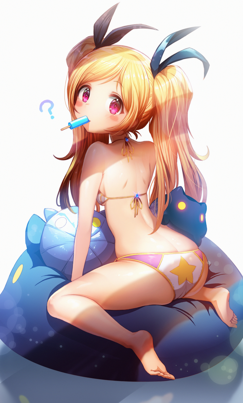 1girl, ?, absurdres, ass, bad_id, bad_pixiv_id, bare_shoulders, bikini, blonde_hair, blush, breasts, feet, female_focus, food, from_behind, gibagiba, halterneck, highres, huge_filesize, long_hair, looking_at_viewer, looking_back, monster_strike, mouth_hold, pandora_(monster_strike), popsicle, print_bikini, purple_eyes, shiny_skin, sitting, small_breasts, solo, star_(symbol), star_print, star_print_bikini, swimsuit, twintails, wariza, white_background