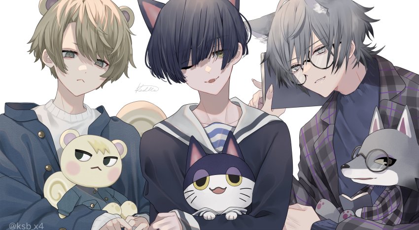 3boys, :<, animal, animal_crossing, animal_ears, black_eyes, black_hair, black_jacket, black_shirt, book, brown_eyes, cat, cat_ears, checkered_clothes, checkered_jacket, collarbone, colored_sclera, commentary_request, extra_ears, fang, fang_(animal_crossing), fangs, glasses, highres, holding, holding_animal, holding_book, jacket, ksb_x4, long_sleeves, looking_at_viewer, male_focus, marshal_(animal_crossing), multiple_boys, nintendo, one_eye_closed, open_clothes, open_jacket, open_mouth, personification, punchy_(animal_crossing), shirt, short_hair, signature, simple_background, sleeves_past_wrists, slit_pupils, squirrel, squirrel_ears, squirrel_tail, sweater, tail, twitter_username, upper_body, white_background, white_sweater, wolf, wolf_boy, wolf_ears, yellow_eyes, yellow_sclera
