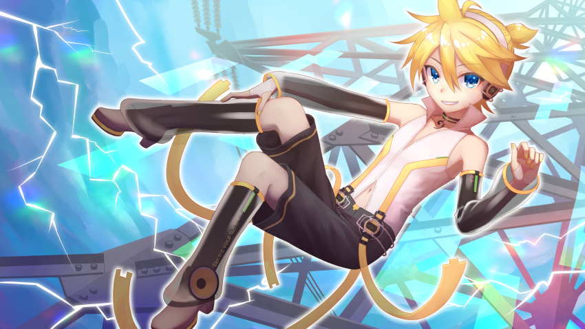 1boy, aroeruji3, bass_clef, belt, black_shorts, black_sleeves, blonde_hair, blue_eyes