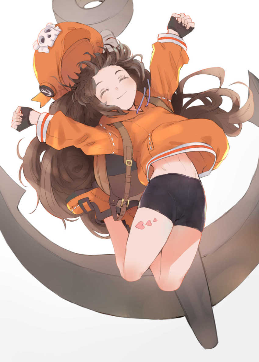 1girl, anchor, backpack, bag, bana_(stand_flower), bike_shorts, breasts, brown_hair