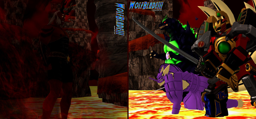 1girl, 3d, advance_communication_company, aura, blue_eyes, blush, cape, claws