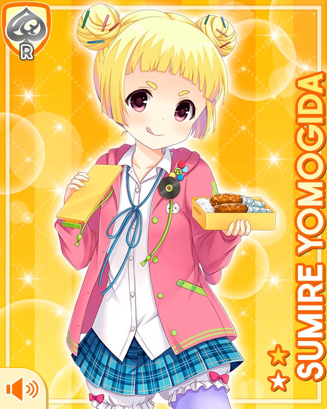 1girl, :p, bag, bento_box, blonde_hair, blue_neckwear, blue_skirt, card_(medium)