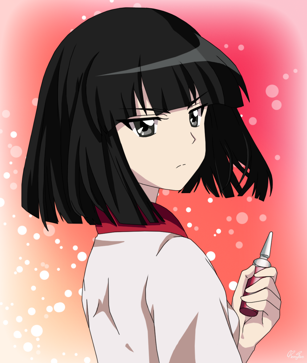 1girl, aged_down, anime_coloring, arm_up, artist_name, black_hair, blunt_bangs, commentary_request, female_focus, frown, fujiwara_no_mokou, fujiwara_no_mokou_(young), gradient_background, grey_eyes, highres, holding, hourai_elixir, looking_back, looking_to_the_side, pink_background, polka_dot, polka_dot_background, remyfive, shirt, short_hair, solo, standing, touhou, upper_body, vial, white_shirt