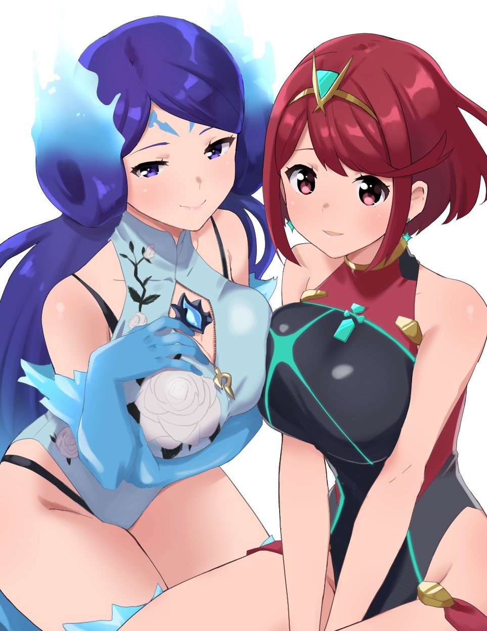 2girls, aqua_one-piece_swimsuit, bad_id, bad_twitter_id, black_one-piece_swimsuit, breasts, brighid_(water_lily)_(xenoblade), brighid_(xenoblade), chest_jewel, cleavage_cutout, clothing_cutout, competition_swimsuit, elbow_gloves, fiery_hair, gloves, highres, large_breasts, looking_at_viewer, mokki, multiple_girls, nintendo, one-piece_swimsuit, purple_eyes, purple_hair, pyra_(pro_swimmer)_(xenoblade), pyra_(xenoblade), red_eyes, red_hair, short_hair, simple_background, smile, swimsuit, tiara, unusually_open_eyes, white_background, xenoblade_chronicles_(series), xenoblade_chronicles_2