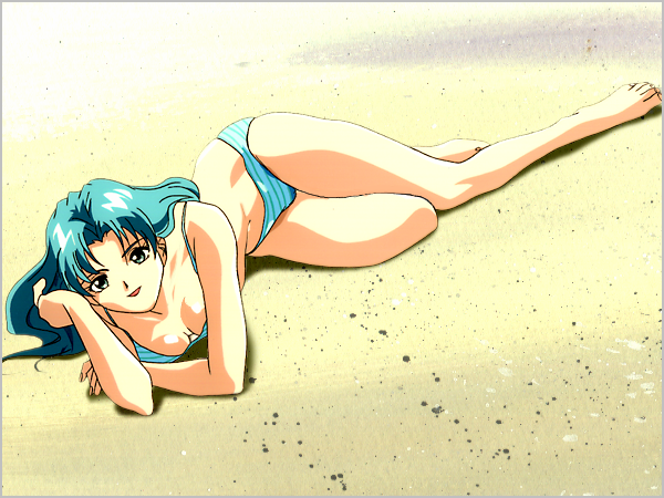 1990s_(style), 1girl, aqua_eyes, aqua_hair, barefoot, bikini, blue_bikini, female_focus