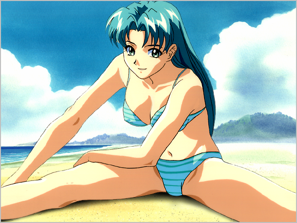 aqua_eyes, aqua_hair, beach, bikini, blue_bikini, day, honjou_arisa, long_hair