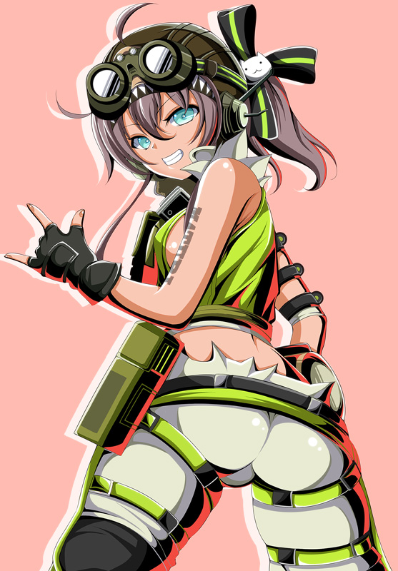 1girl, ahoge, apex_legends, arm_tattoo, ass, belt, belt_pouch, blue_eyes