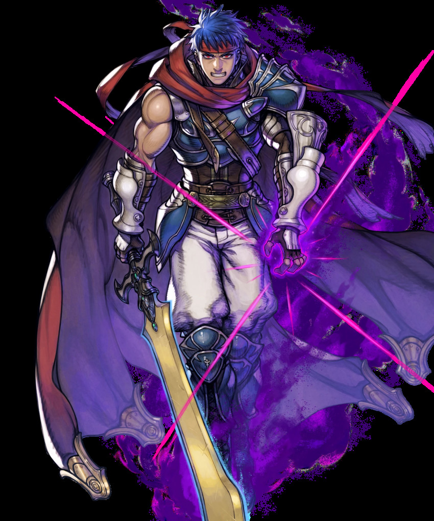 1boy, alternate_costume, armor, armored_boots, aura, belt, blue_hair, boots, cape, fingerless_gloves, fire_emblem, fire_emblem:_radiant_dawn, fire_emblem_heroes, fujisaka_kimihiko, full_body, gloves, headband, highres, ike_(fire_emblem), ike_(zeal_unleashed)_(fire_emblem), male_focus, nintendo, official_art, ragnell, red_eyes, solo, sword, teeth, transparent_background, weapon