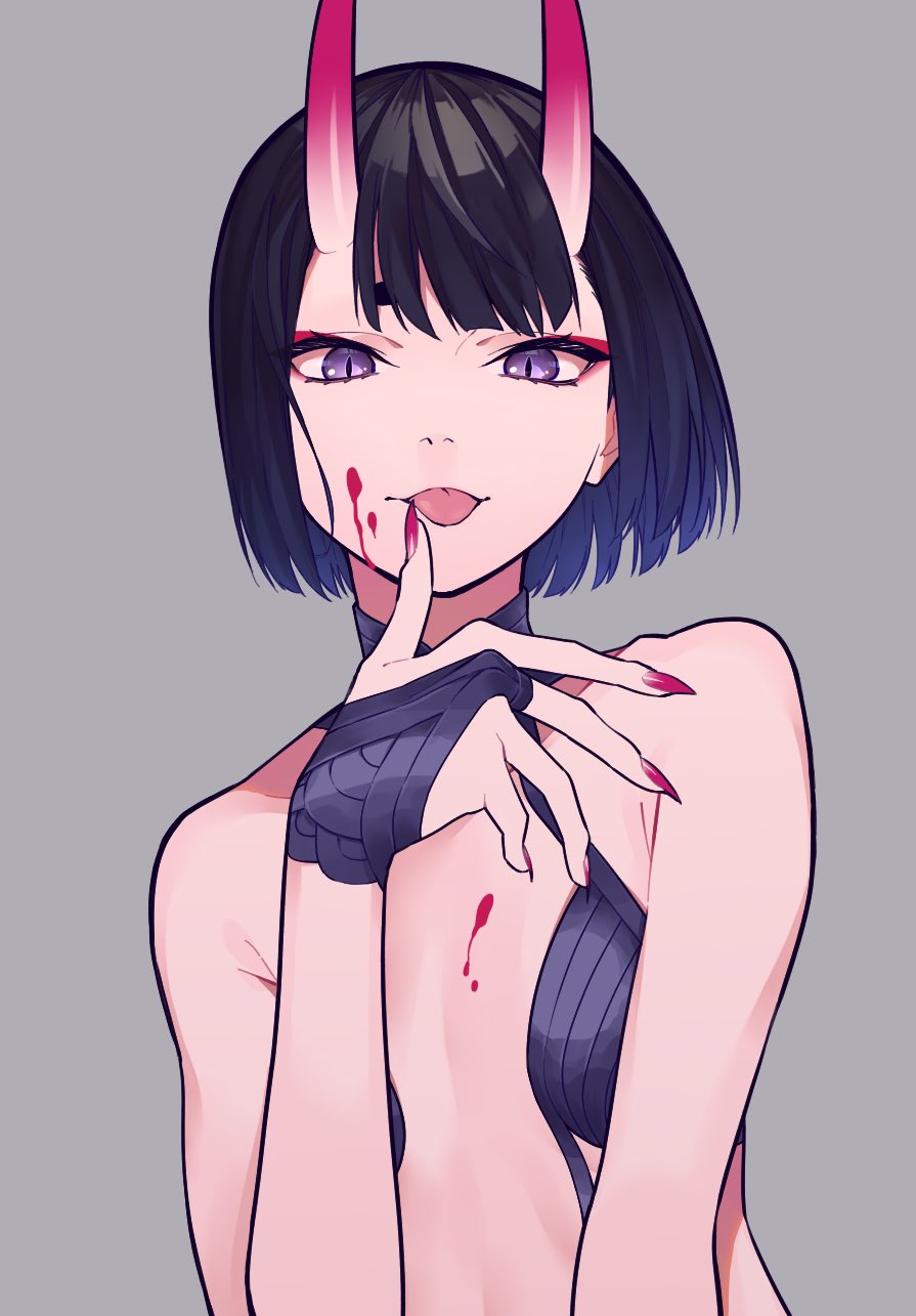 1girl, bad_id, bad_twitter_id, bare_shoulders, blood, blood_on_face, bob_cut, breasts, bridal_gauntlets, eyeliner, fate/grand_order, fate_(series), female_focus, fingernails, grey_background, highres, horns, japanese_clothes, kimono, kofunami_nana, licking, licking_finger, long_fingernails, looking_at_viewer, makeup, oni, purple_eyes, purple_hair, purple_kimono, revealing_clothes, sharp_fingernails, short_hair, shuten_douji_(fate), simple_background, skin-covered_horns, slit_pupils, small_breasts, smile, solo, tongue, tongue_out
