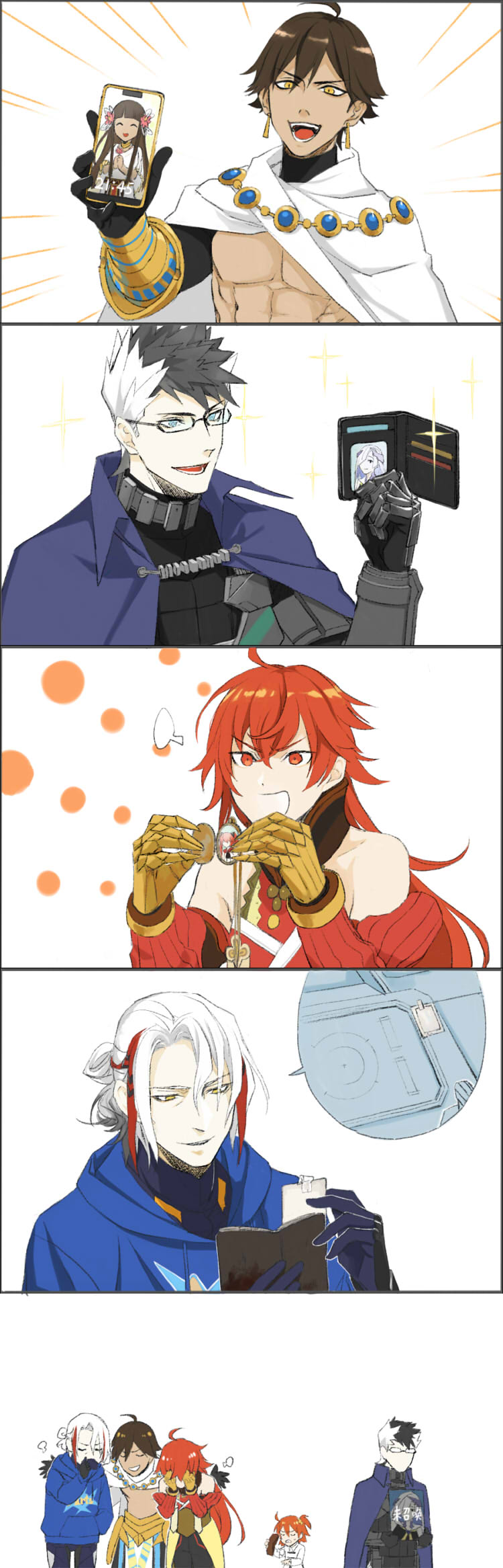 arts_shirt, brown_hair, brynhild_(fate), cape, cellphone, covering_face, dark-skinned_female, dark-skinned_male, dark_skin, fate/grand_order, fate_(series), fujimaru_ritsuka_(female), glasses, highres, jewelry, locket, misamisa21, multicolored_hair, nefertari_(fate), odysseus_(fate), ozymandias_(fate), pendant, phone, photo_(medium), rama_(fate), red_hair, sigurd_(fate), sita_(fate), smartphone, smile, sparkle, two-tone_hair, wallet