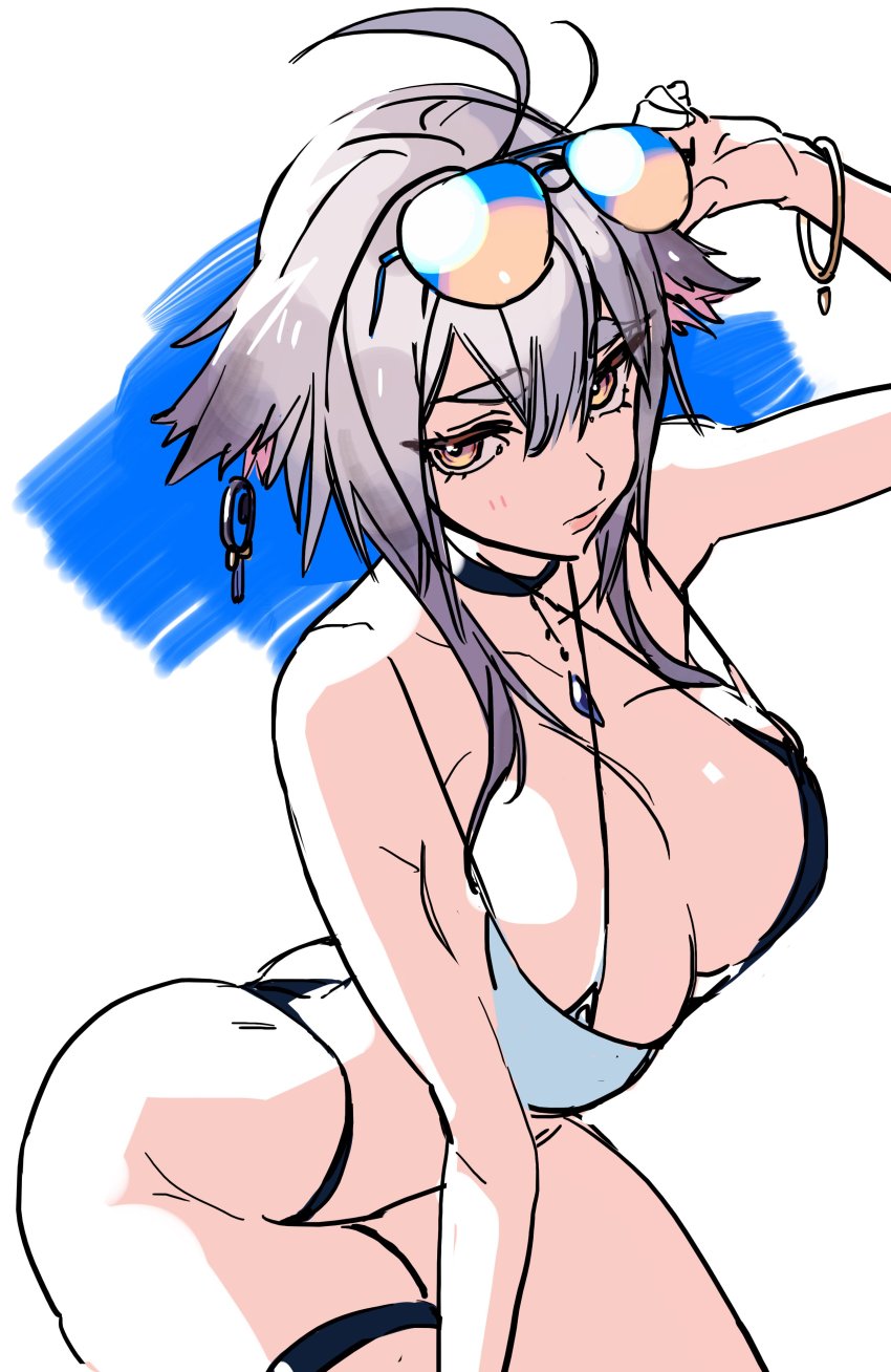 1girl, absurdres, adjusting_eyewear, ahoge, azur_lane, bikini, blue_bikini, blue_choker