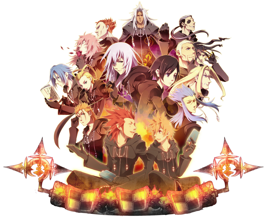 2girls, 6+boys, axel, bad_id, bad_pixiv_id, black_coat_(kingdom_hearts), black_hair, blonde_hair