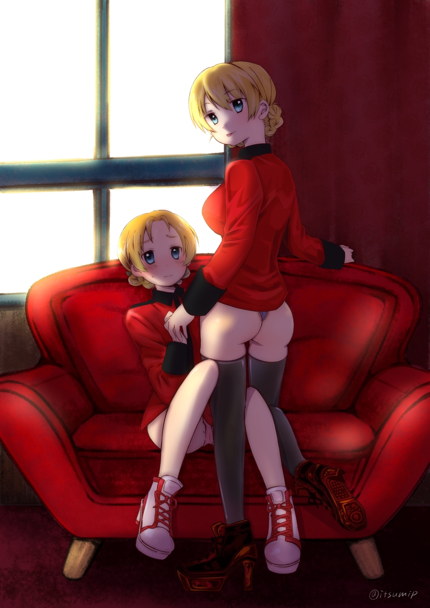 2girls, :p, absurdres, ass, backlighting, black_footwear, black_legwear, black_panties, blonde_hair, blue_eyes, blush, boots, braid, closed_mouth, commentary, couch, cross-laced_footwear, darjeeling_(girls_und_panzer), epaulettes, female_focus, from_behind, full_body, girls_und_panzer, high_heel_boots, high_heels, highres, holding_hands, indoors, itsumip, jacket, knee_up, light_frown, long_sleeves, looking_at_viewer, looking_back, military, military_uniform, multiple_girls, no_pants, no_socks, on_couch, orange_hair, orange_pekoe_(girls_und_panzer), panties, parted_bangs, pink_panties, red_jacket, red_theme, short_hair, sitting, smile, st._gloriana's_military_uniform, standing, sweatdrop, thighhighs, thong, tongue, tongue_out, twin_braids, twitter_username, underwear, white_footwear, window