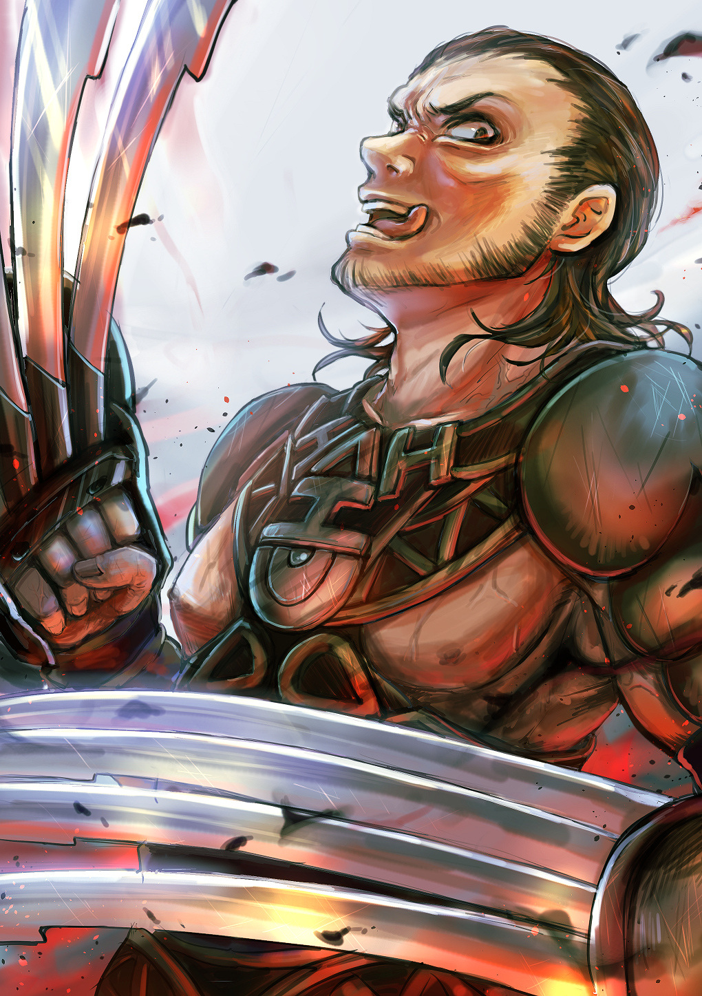 1boy, armor, beard, claw_(weapon), facial_hair, furrowed_brow, fuwamoko_momen_toufu, highres