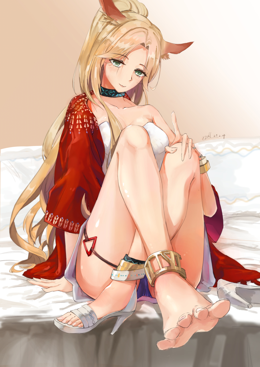 1girl, absurdres, animal_ears, anklet, arknights, artist_name, bare_legs, barefoot